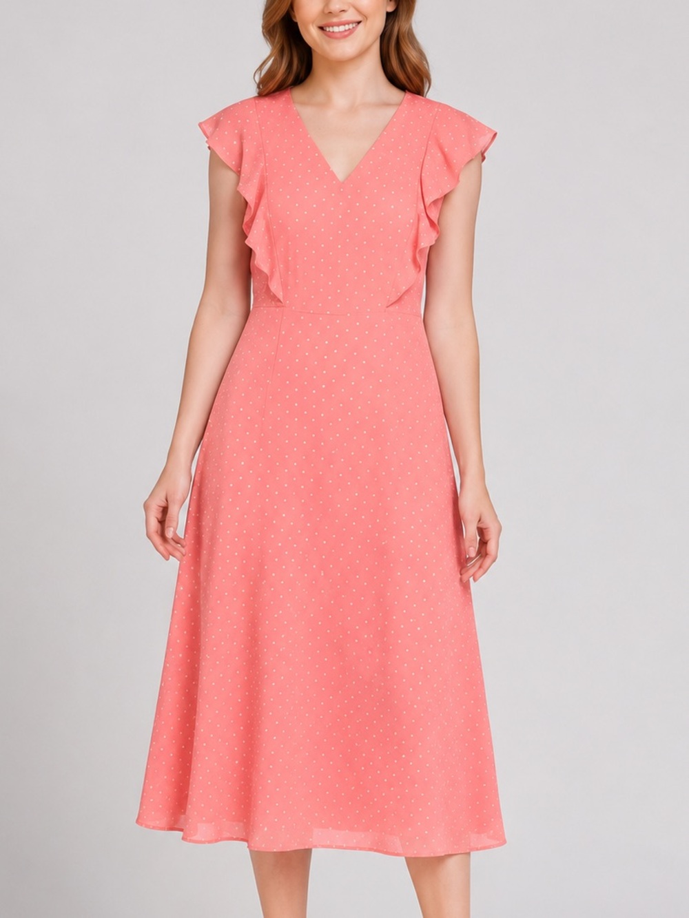 🆕 🌸 Tommy Hilfiger Coral Pink Ruffle Flutter Sleeve Midi Dress Size 2 Wedding